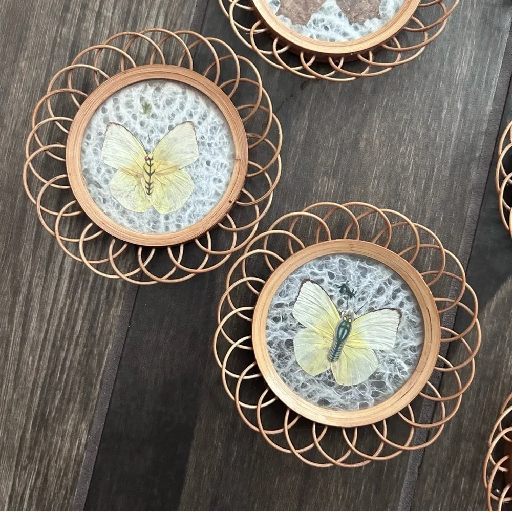 VTG Wicker Rattan Pressed Butterfly Coasters Set of 6
